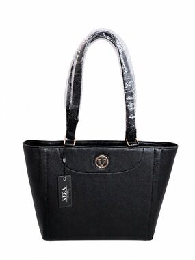 NWT Vera New York Jetta Tote Black Structured Shoulder Bag with Gold Logo